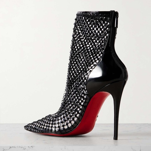 CHRISTIAN LOUBOUTIN Kate Max Crystal-Embellished Patent-Leather Mesh Ankle Boots - Picture 3 of 16